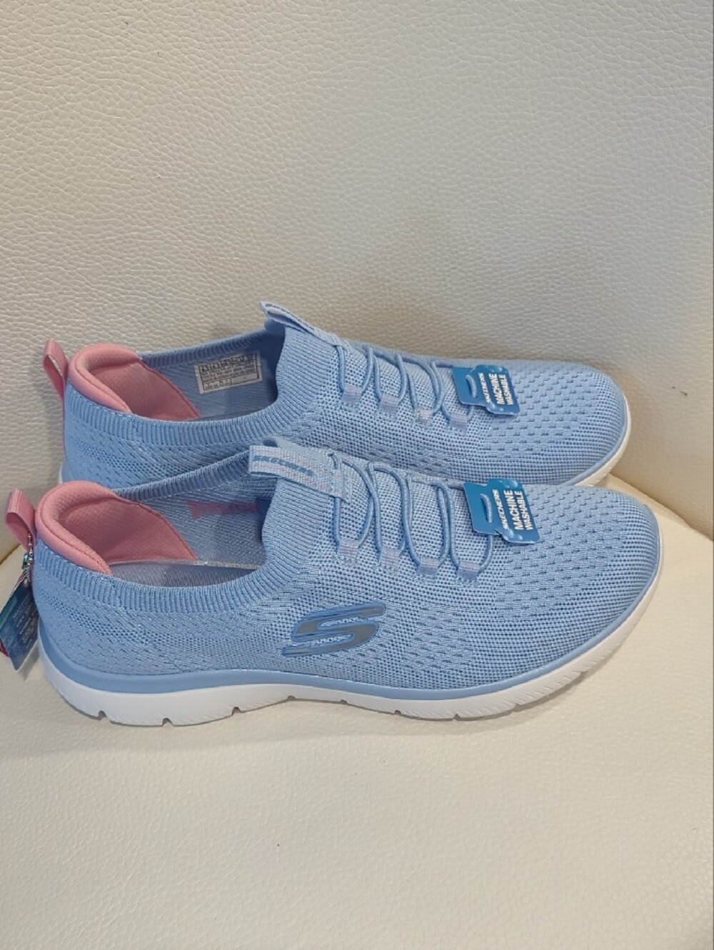 Skechers Women’s Light Blue Slip-On Knit Sneakers with Pink Lining - Picture 2 of 4